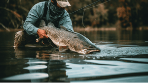 Man fishing catching barramundi on lake in Australia from paddle board