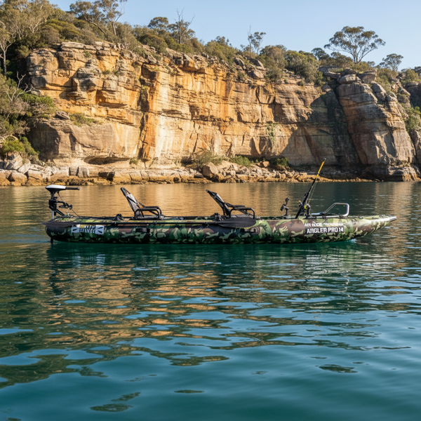 Camouflage fishing kayak with multiple seats and fishing equipment on a white background