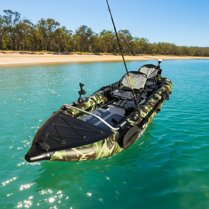 Camouflage-patterned inflatable kayak on a white background