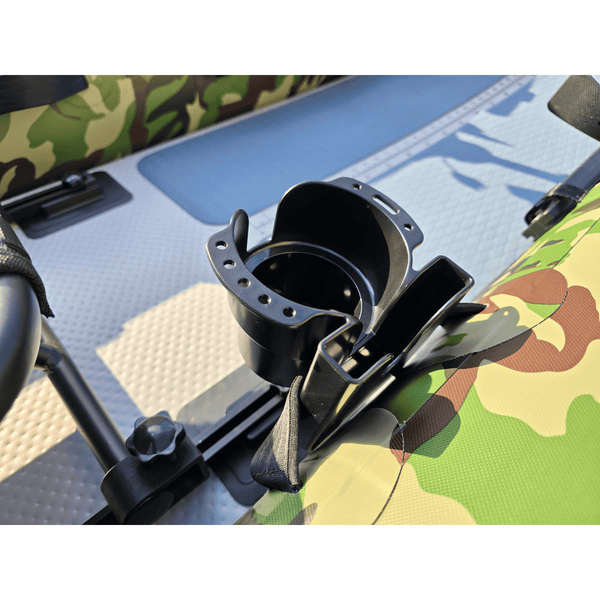 Kayak stadium seat post with cup holder on a camouflage-patterned background