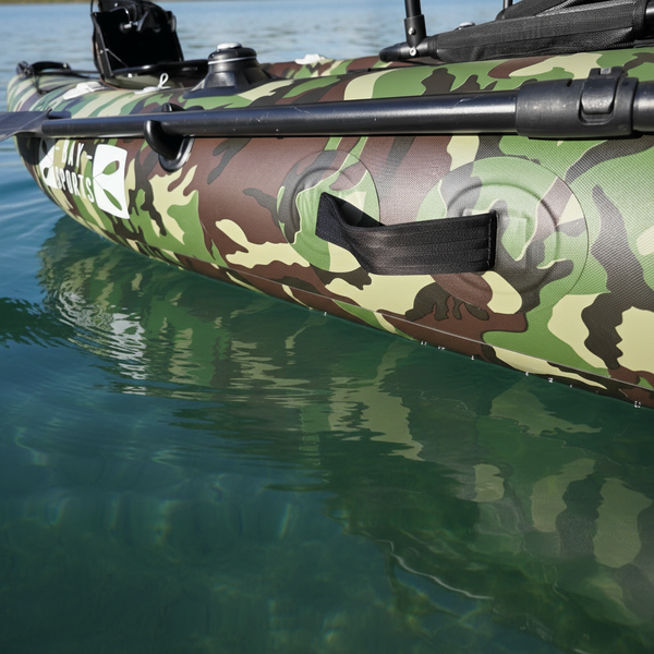 Air Glide Angler Pro 14 inflatable fishing kayak close up of grab handles