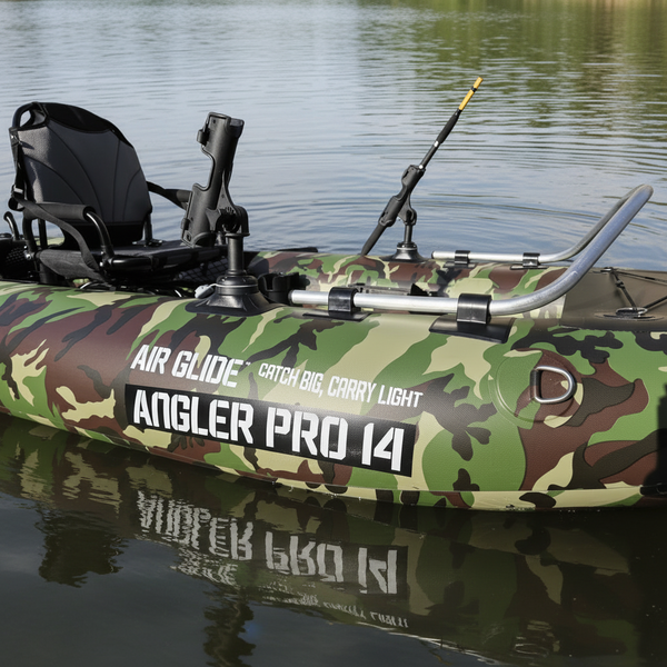 Camouflage fishing kayak with 'Air Glide' and 'Angler Pro 14' branding on a white background