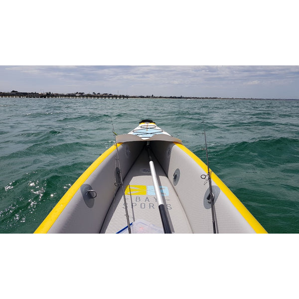 Paddling Inflatable Kayak on Ocean Bay Sports Air Glide 473