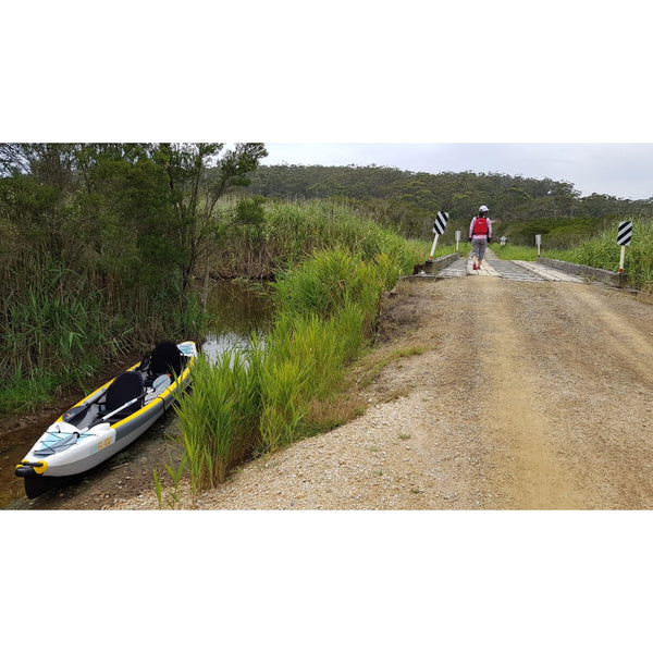 Bay Sports Air Glide 473 Paddling on Bank with Bridge