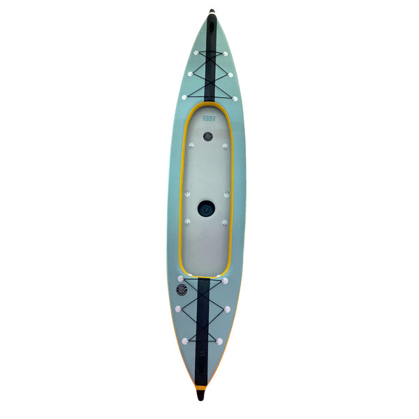 Air Glide Advance 426 tandem drop stitch inflatable kayak yellow/blue deck aerial view
