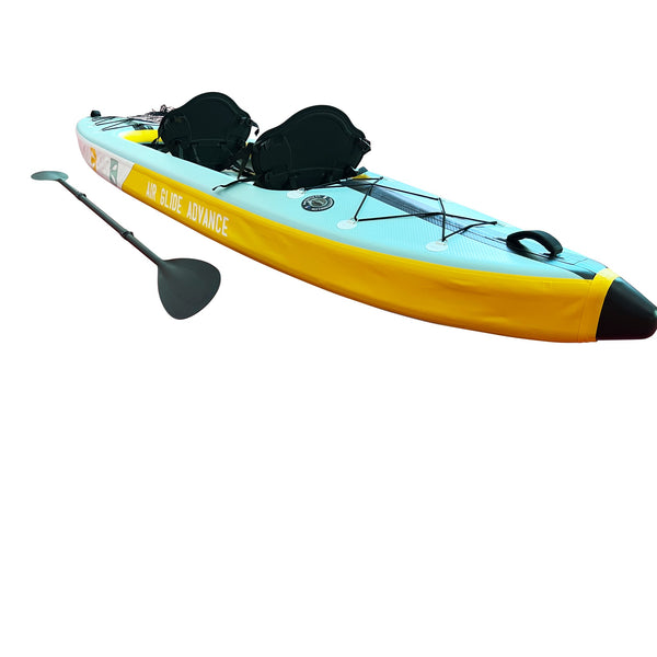 Air Glide Advance 426 tandem drop stitch inflatable kayak yellow/blue deck side view