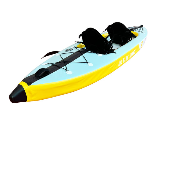 Air Glide Advance 426 tandem drop stitch inflatable kayak yellow/blue deck side view rear