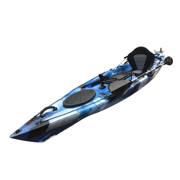 Angler Pro 4m Sit on Top Fishing Kayak Blue White Black Front Angle