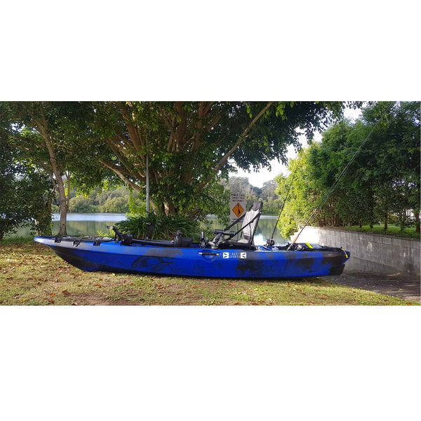 Pedal Pro Fish 3.2m Kayak Pedalling on grass (blue camo colour)