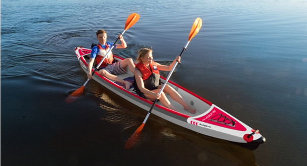 KXone Slider 485 Drop Stitch Superlite Inflatable Collapsible Double 2 Person Kayak on water