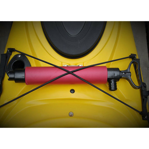 Bilge Hand Pump for Kayak (red colour) affixed to deck
