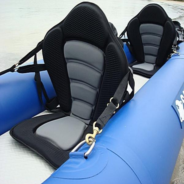 two Deluxe Kayak comfort seat on a double kayak blue and black