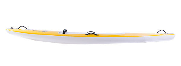 Side view of the yellow and white 3.0 wave ski Performance with adjustable foot straps 